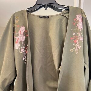 Boohoo Olive Kimono with Crane and Floral Design